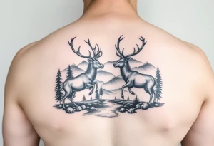 Forearm tattoo Black and grey realism Nature scene with two stags fighting in the foreground include mountains water and trees tattoo idea