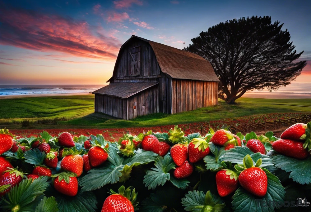 Tattoo of my hometown of Oxnard, CA
Tattoo must have strawberry fields meeting with ocean
Tattoo must have Oxnard coordinates
34.2236192,-119.1310264
Add in the sun on top of the fields/ocean
No barn house, add a Gondola style plaza 
Only in black and white tattoo idea