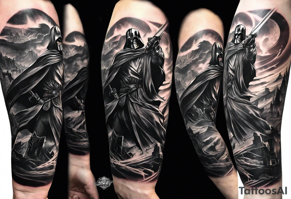 Full arm sleeve tattoo extending from shoulder to wrist featuring Obi Wan Kenobi battling Batman at Helms Deep from Lord of the Rings tattoo idea