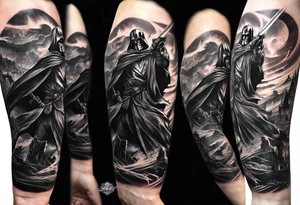 Full arm sleeve tattoo extending from shoulder to wrist featuring Obi Wan Kenobi battling Batman at Helms Deep from Lord of the Rings tattoo idea