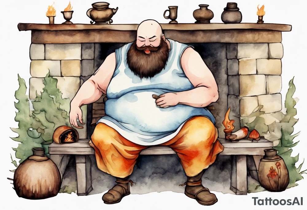 fat man with a full beard but no eyes wearing a mushroom hat and medieval tunic sitting on a bench by a fireplace drinking from a wood cup, laughing tattoo idea