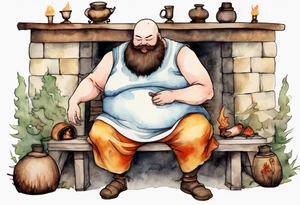 fat man with a full beard but no eyes wearing a mushroom hat and medieval tunic sitting on a bench by a fireplace drinking from a wood cup, laughing tattoo idea