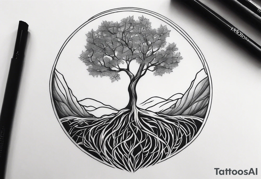 minimalistic, fine line tattoo, showing the roots of a tree but instead of the actual tree a globe grows out of the stem, symbolizing the love for traveling and experiencing the world and new cultures but not forgetting about the roots of family and friends who I am very grateful for tattoo idea