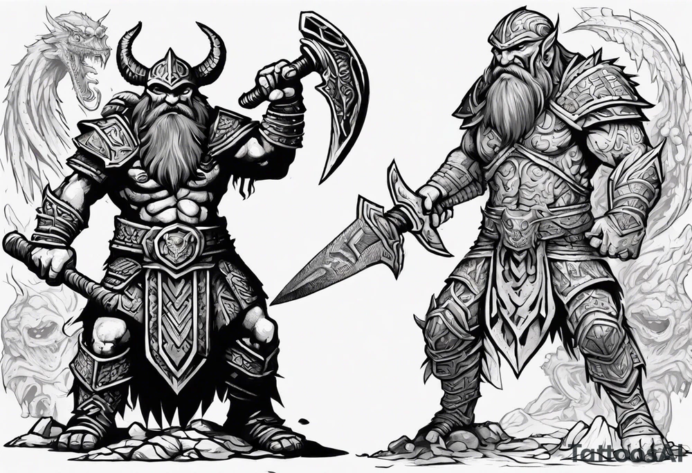 dwarven warrior with a war axe fighting against a dragon in the pit of hell with an aztec warrior tattoo idea