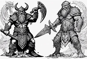 dwarven warrior with a war axe fighting against a dragon in the pit of hell with an aztec warrior tattoo idea