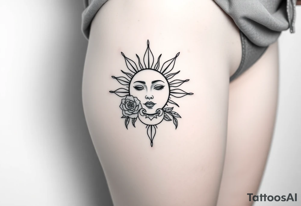 Sun with simple face, rose, and crab traditional old school tattoo idea