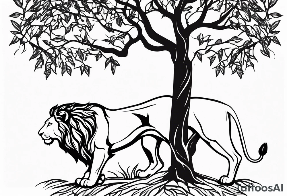 The lion of Judah, which is Jesus Christ, is tied and intertwined within a maple tree. tattoo idea