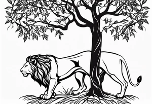 The lion of Judah, which is Jesus Christ, is tied and intertwined within a maple tree. tattoo idea
