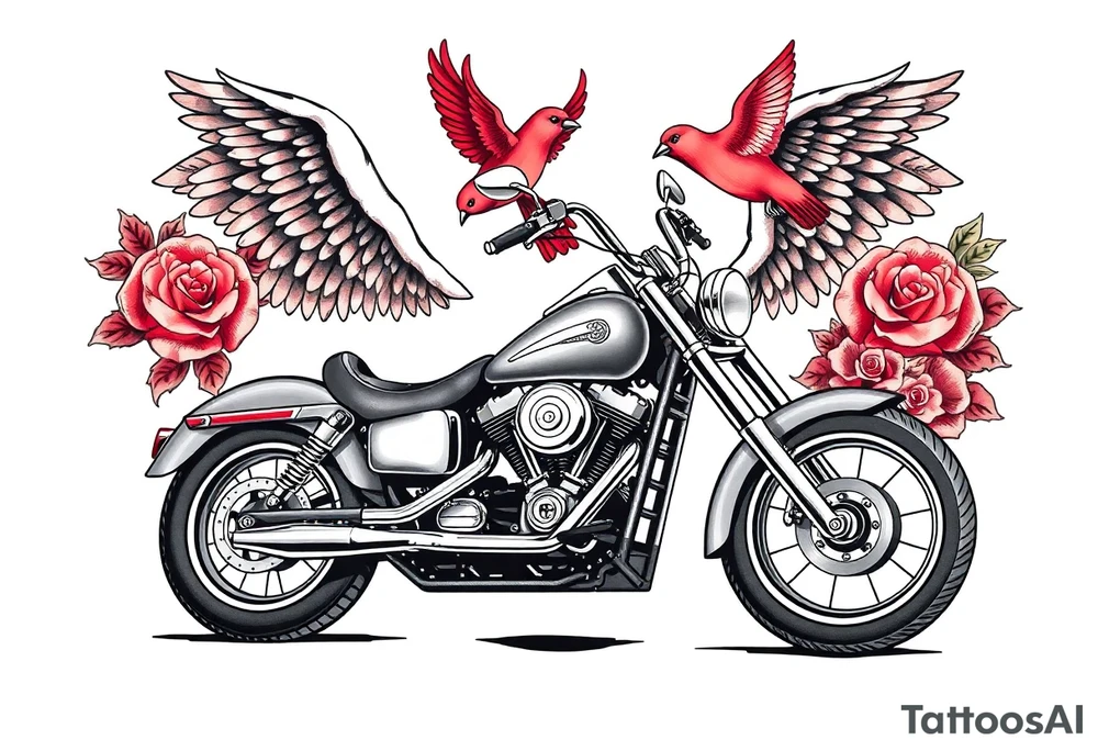 Harley grey motorcycle driving away, two red birds flying, roses, flames, angel wings tattoo idea