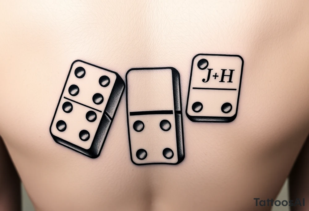 attoo design of three domino tiles falling like in a real domino chain reaction, captured in motion. Retro realistic black and grey shading, not fine-line. The tiles show: one with 8 (4+4), one with 7 (4+3), one with 6 (six dots on the bottom half). On the top half of the domino with 6, add the initials ‘JH’ in elegant retro lettering. Dynamic perspective, sense of motion, vintage realistic tattoo style.“ tattoo idea