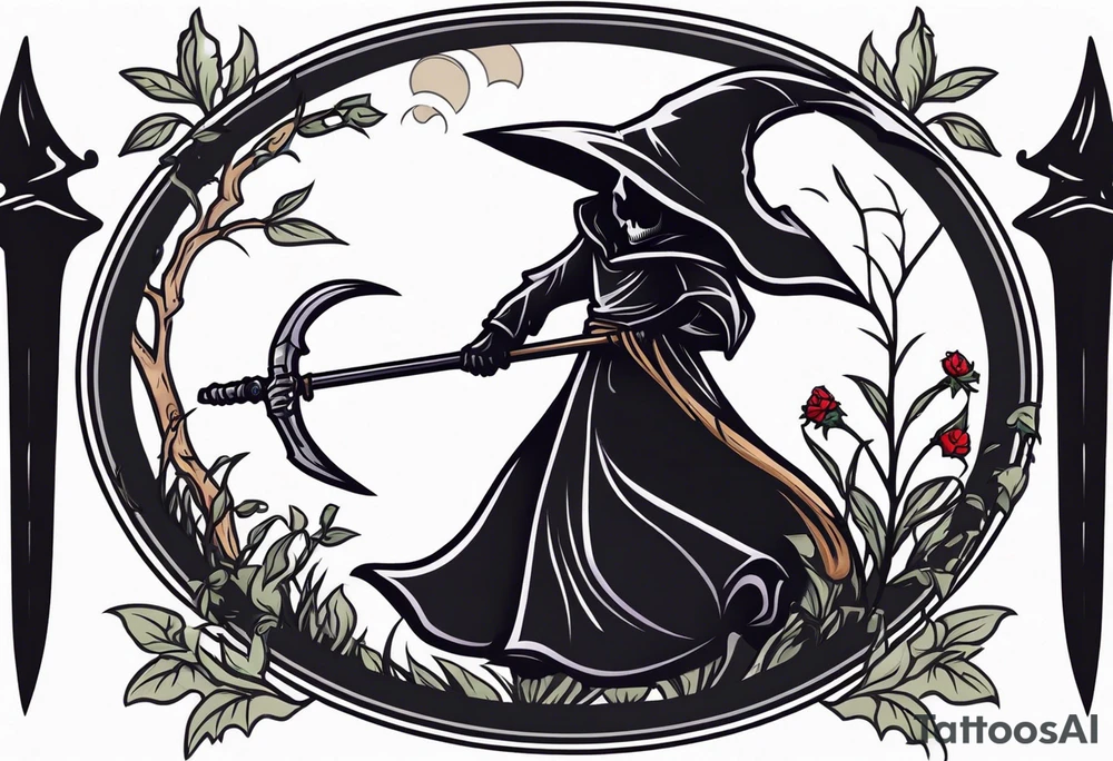 cute grim reaper with scythe and nightshade tattoo idea