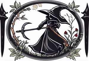 cute grim reaper with scythe and nightshade tattoo idea