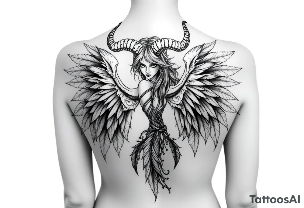 Menacing full body Woman Harpy with horns and lots of feathers tattoo idea