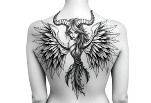 Menacing full body Woman Harpy with horns and lots of feathers tattoo idea