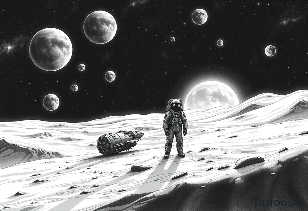 Full sleeve tattoo design for the right forearm, in realistic black and grey style.
The scene shows a lonely astronaut standing on the surface of an unknown planet, similar to the Moon’s landscape.
In front of him stretches a vast, mysterious universe filled with glowing planets, stars, and cosmic nebula light.
A few meters beside him lies a crashed and smoking spaceship, broken and damaged, showing clear signs of impact.
The image represents loneliness and survival — the moment when the astronaut realizes he is completely alone in an unfamiliar world.
The atmosphere should feel melancholic, cinematic, and deeply emotional, combining realism with fantasy.
Fine shading, detailed textures, and strong light-shadow contrast, designed to wrap naturally around the right forearm. tattoo idea