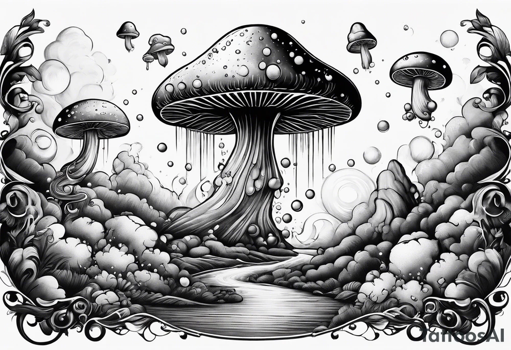 thin mushroom rocketship with fire coming out the bottom bursting out of bubble tattoo idea