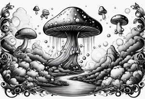 thin mushroom rocketship with fire coming out the bottom bursting out of bubble tattoo idea