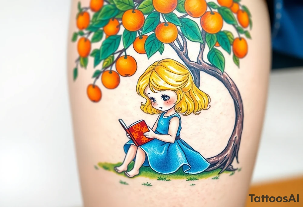 A blond little girl wearing a blue dress sitting under a orange tree while reading a book.


. tattoo idea