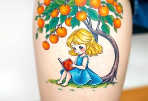 A blond little girl wearing a blue dress sitting under a orange tree while reading a book.


. tattoo idea