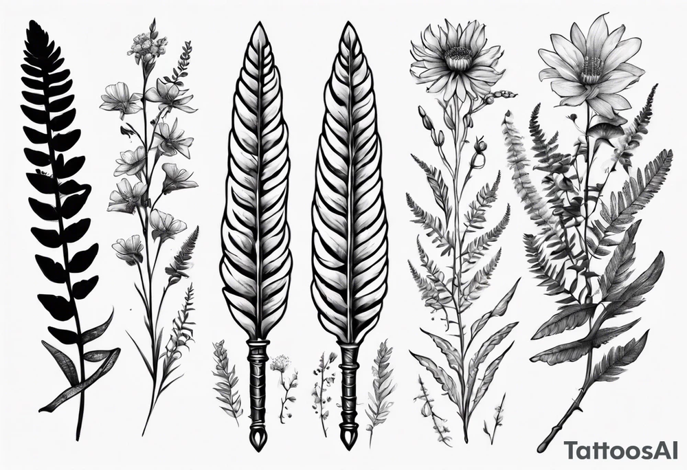 Sword fern and wildflowers tattoo idea