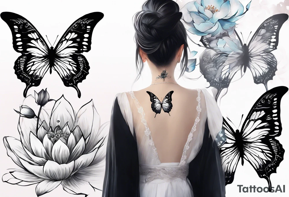 Butterfly with the middle of the butterfly is a japanese knot, fine line smoke/clouds sort of floating around and up, and lotus flower. My insipration is from a manga called xxHolic. I want the style to be flowy and loose and porcelain tattoo idea