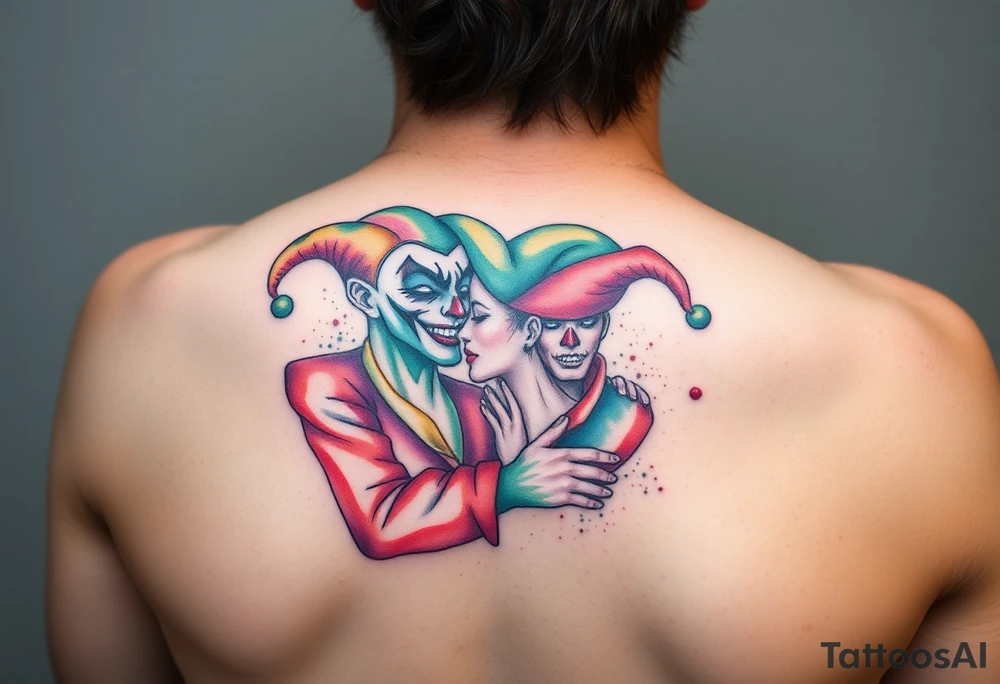 a toxic power jester couple holding each other with cheeks being pulled to force smile tattoo idea