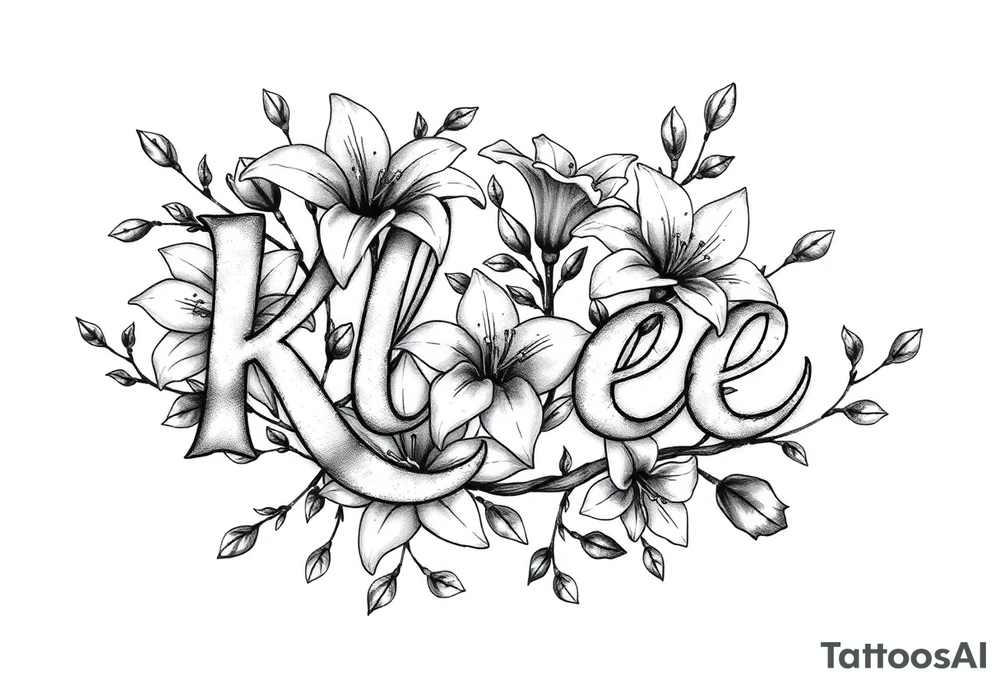 The word Kloee surrounded by lilies with the vines in letters tattoo idea