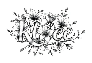 The word Kloee surrounded by lilies with the vines in letters tattoo idea
