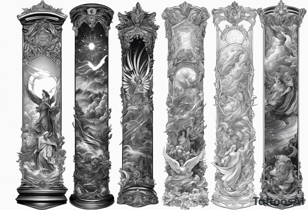 arm sleeve heaven at the top, angel
falling down hellscape at bottom tattoo idea