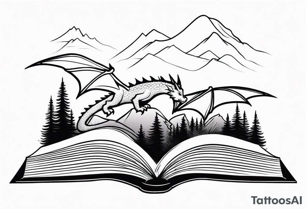 An open magic book. a tiny dragon with four legs flying in the sky. three mountains and a forest coming out of the book tattoo idea