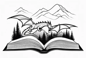 An open magic book. a tiny dragon with four legs flying in the sky. three mountains and a forest coming out of the book tattoo idea