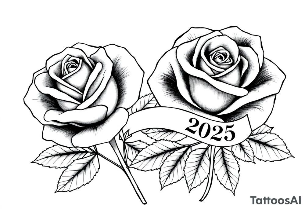 two beautiful large rose buds, one larger than the other, with lots and lots of leaves next to the rose buds, with one sitting slightly higher than the other, side-by-side.  Include a banner connecting the two roses with the year 2025 on it.   Use dark outlines with little shading. No stems tattoo idea