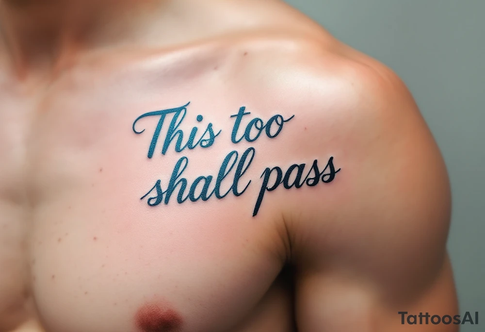 “This too shall pass” in classic serif font, fading from deep navy to pale sky blue. tattoo idea