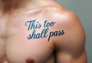 “This too shall pass” in classic serif font, fading from deep navy to pale sky blue. tattoo idea