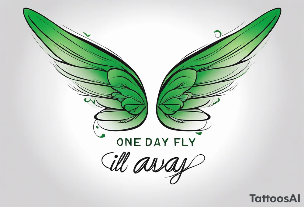 Green fairy wings with text “one day I’ll fly away” tattoo idea