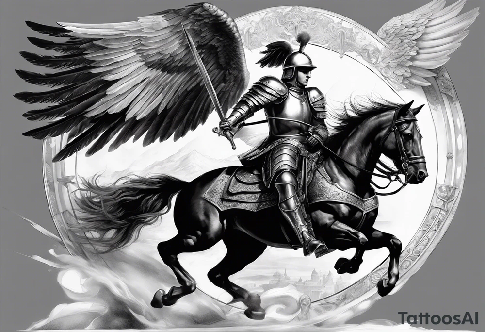 **Main Theme**: A Hussar on horseback in full armor, dynamically portrayed in the middle of a charge. The Hussar's wings are clearly visible, adding dynamics to the composition.
   - Archangel Michael positioned in the background, with a raised sword ready for battle, armed with a shield.
   - The Hussar is holding a banner showcasing the White Eagle.
   - Elements of the Arch tattoo idea