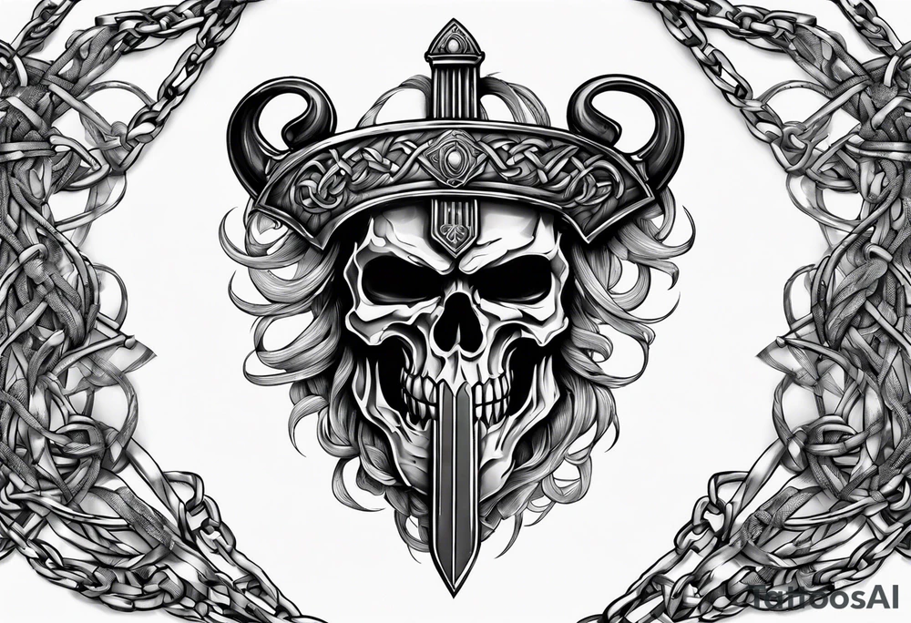 Valhalla sword shield axe barbed wire chains dark cloud tattoo idea