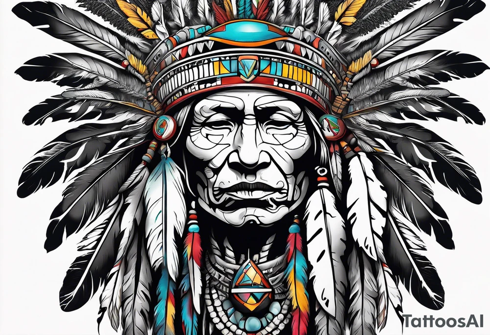 Native American wearing Headress Bones Praying tattoo idea