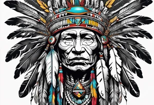 Native American wearing Headress Bones Praying tattoo idea