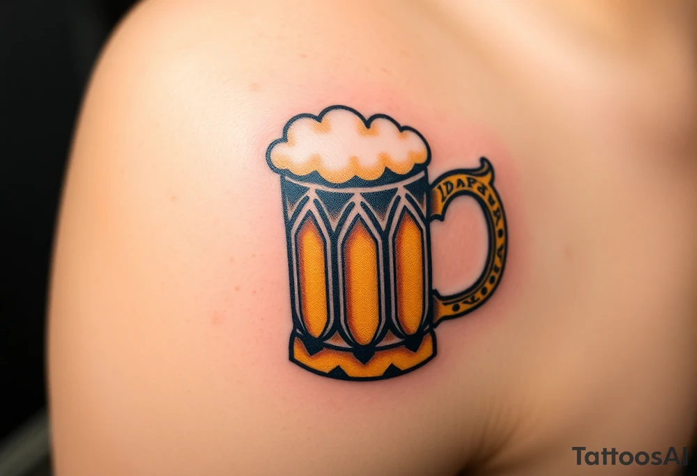 A frothy golden beer mug with condensation droplets, featuring intricate woodgrain textures on the handle tattoo idea