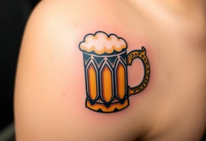 A frothy golden beer mug with condensation droplets, featuring intricate woodgrain textures on the handle tattoo idea