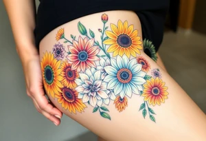 Bouquet of sunflowers, water Lillies, dahlias, marigolds, carnations, hydrangeas, daisys, and chrysanthemums tattoo idea