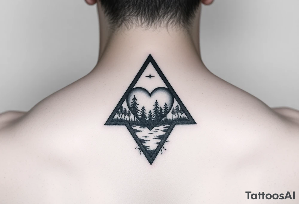 A triangle with a heart over the middle of the center and nature scene in background tattoo idea