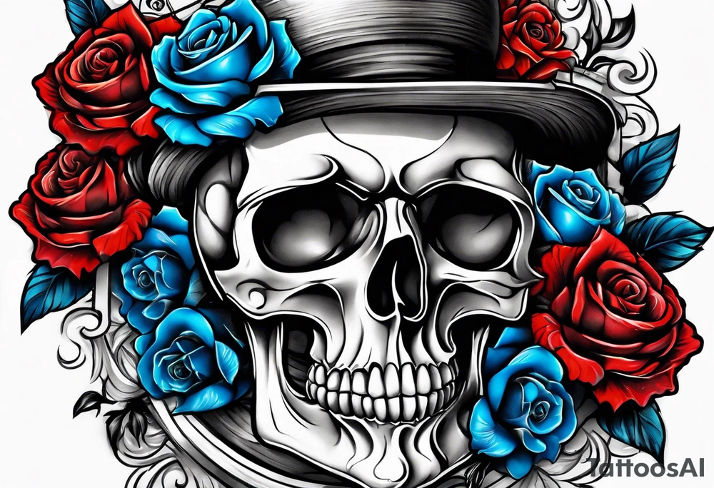 Cross with skulls and Colored blue and red roses tattoo idea