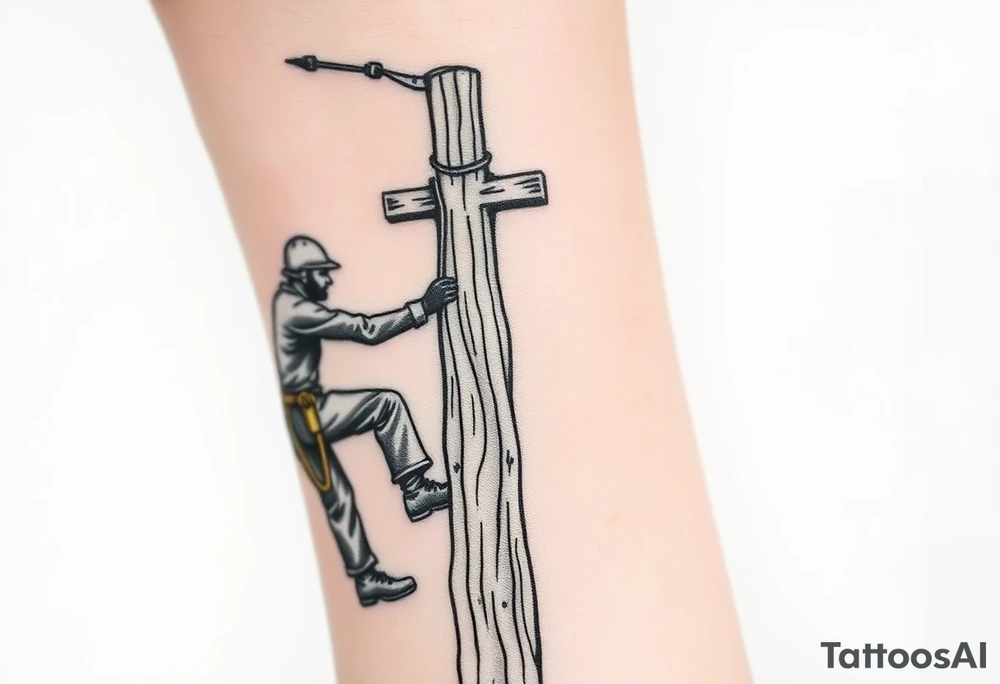power lineman climbing a wooden 12kv pole. Make the pole a cross that has a hidden resemblance to god. tattoo idea