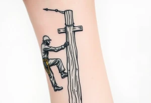 power lineman climbing a wooden 12kv pole. Make the pole a cross that has a hidden resemblance to god. tattoo idea