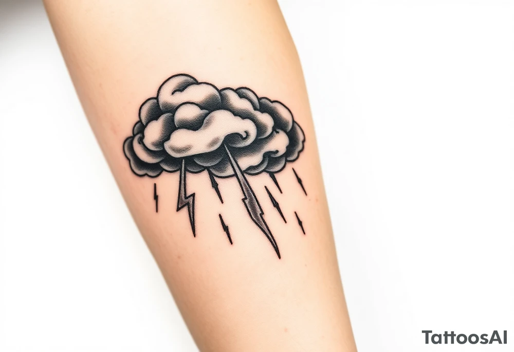 Black & gray storm clouds with rain & lightning bolts tattoo idea