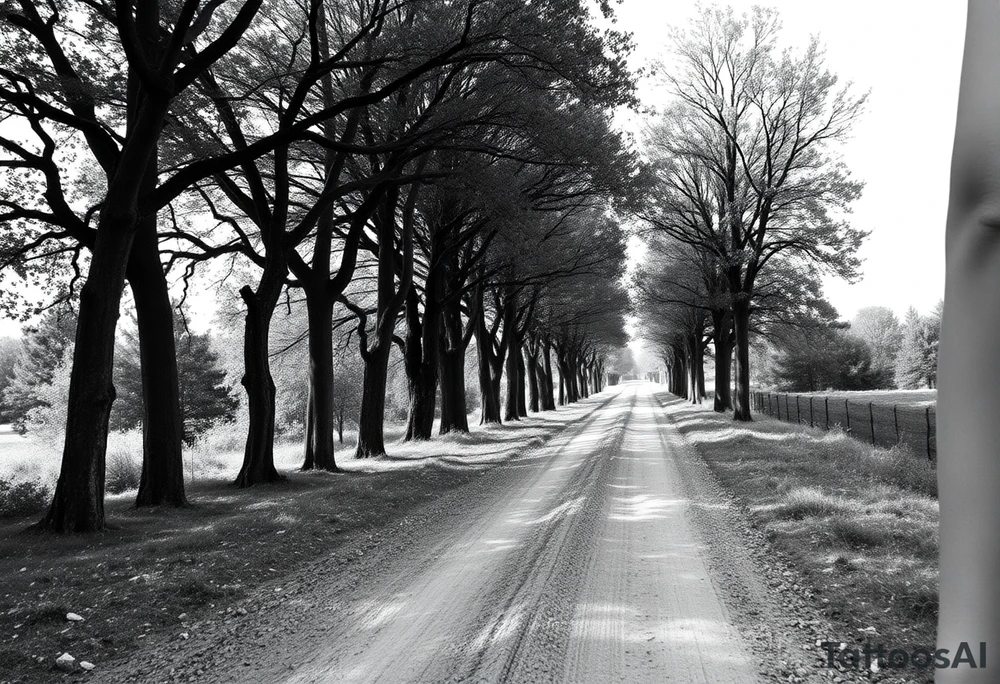Tree-lined dirt road. Road is rough, little shoulder. Deciduous trees arch across it, meeting in the middle. tattoo idea