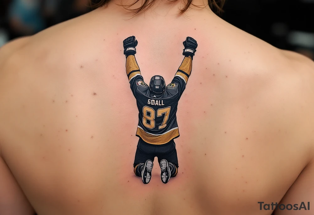 Last Second Goal Celebration
A hockey player dropping to his knees in celebration, arms raised. Black and gold jersey, surrounded by light blue spotlight and subtle crowd silhouettes in gray. tattoo idea