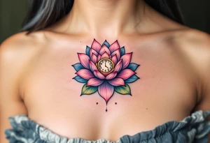 A blooming lotus flower with time numbers embedded in its petals, symbolizing wisdom and growth. tattoo idea